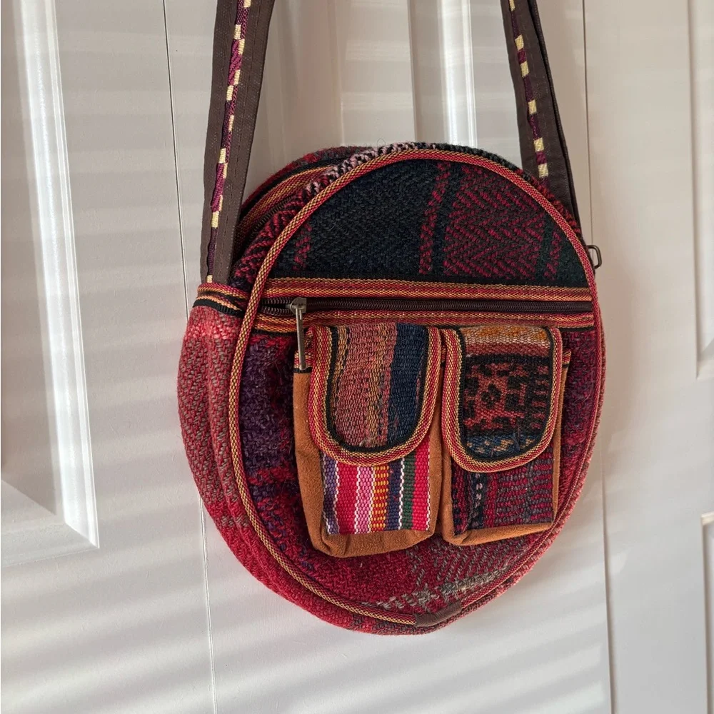 Boho Round Crossbody Bag in Red and Black - Picture 2 of 10